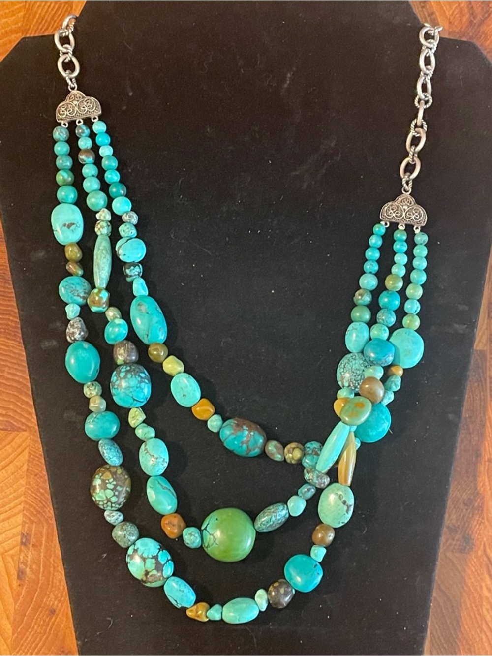 Multistone & Faux Stone 3 Strand Bead Statement Necklace. Sterling Silver Heavy